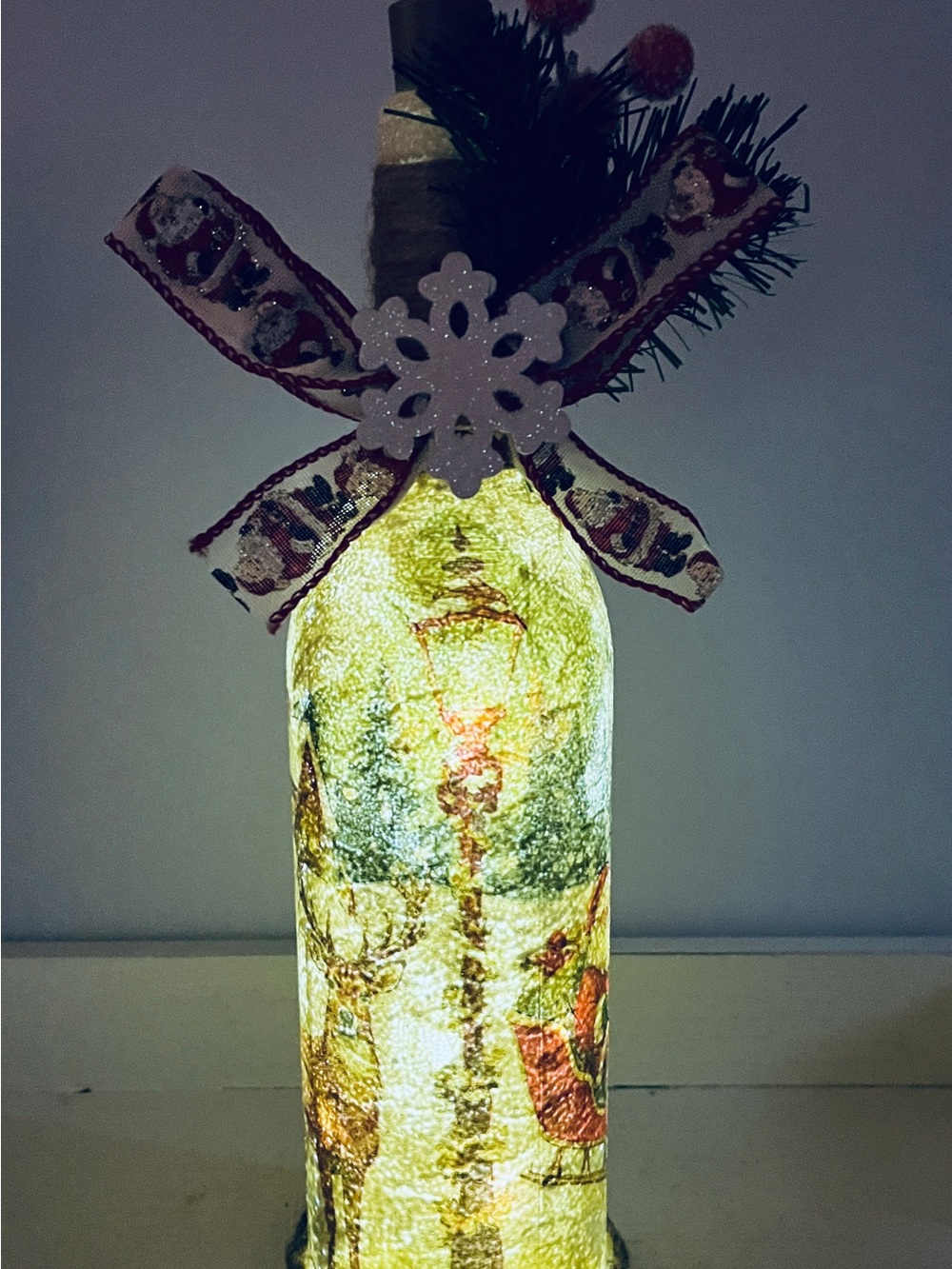 Lighted Holiday Bottle Decor with Snowflake Accent - White/Gold